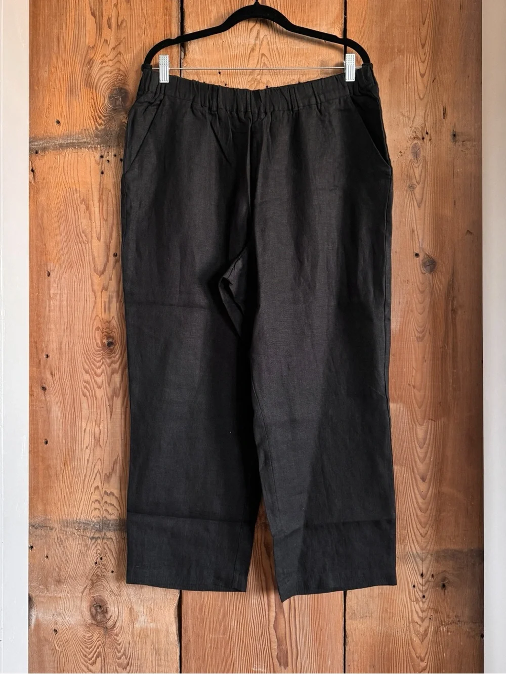 Sz L Quince Black 100% European Linen Ankle Length Relaxed Straight Leg Pant NWT